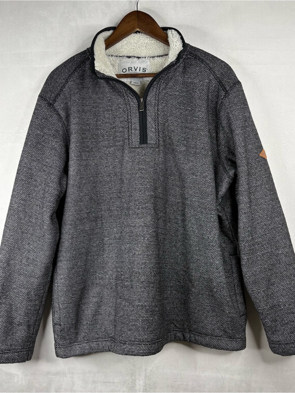 Orvis Mens Large Sherpa Lined 1/4 Zip Pullover Sweater Gray Fleece Lined Heavy